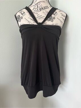 Vintage Express Black Knot-Front loose blousy tube top with straps.